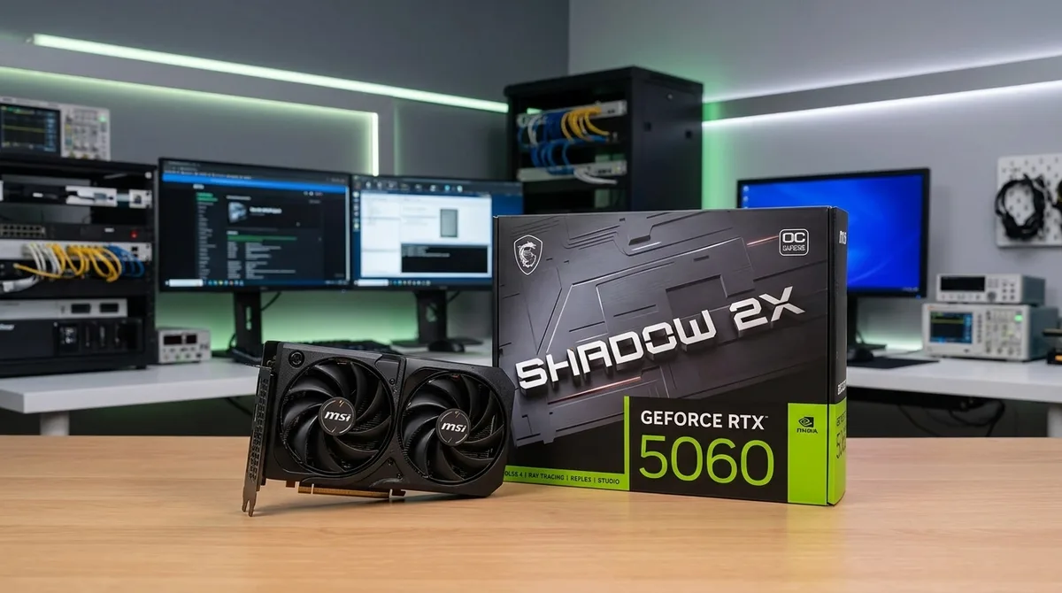 Review Placa de Vídeo MSI GeForce RTX 5060 Shadow 2X OC 8GB GDDR7 destacando o sistema de refrigeração Dual Fan
